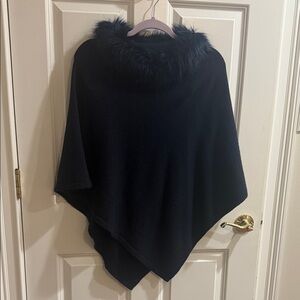 Elegant Navy Poncho with Faux Fur Trim